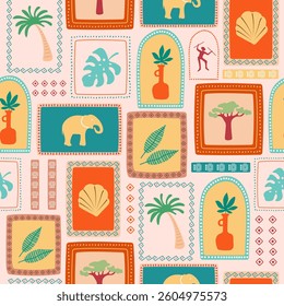 Tropical seamless summer pattern in retro style. African summer motifs. Vintage exotic print. Vector.
