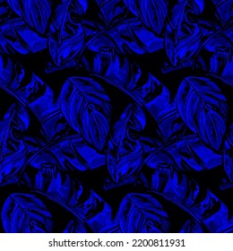 Fondo vectorial tropical sin costuras - patrón de hoja de plátano en la moda, paleta de color de tendencia. Fantásticas hojas multicolores dibujadas a mano