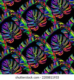 Tropical seamless vector background - banana leaf pattern in fashion, trend color palette. Hand-drawn fantastic multicolor leaves