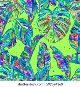 Tropical seamless vector background - banana leaf pattern in fashion, trend color palette. Hand-drawn fantastic multicolor leaves.