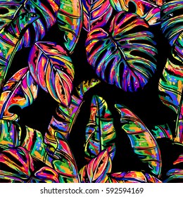 Tropical seamless vector background - banana leaf pattern in fashion, trend color palette. Hand-drawn fantastic multicolor leaves