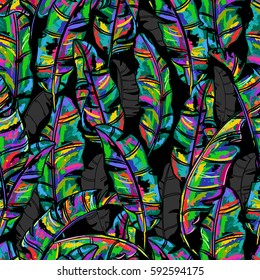 Fondo de vectores tropicales sin fisuras - patrón de hojas de plátano en la moda, paleta de colores de tendencia. Fantásticas hojas multicolores dibujadas a mano