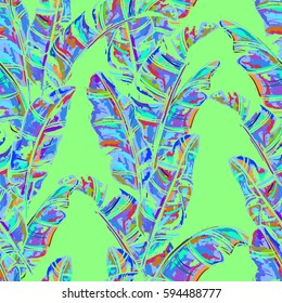 Tropical seamless vector background - banana leaf pattern in fashion, trend color palette. Hand-drawn fantastic multicolor leaves