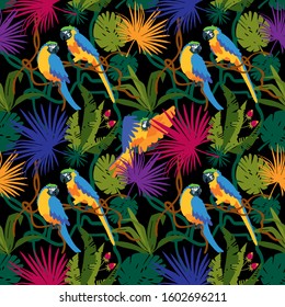 Tropical seamless vector background, with palm leaves, parrots, jungle leaves. Vector flat cartoon illustration for fabric design, packaging, postcards, banners, greeting card. Black background
