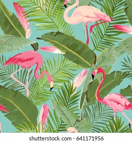 Tropical Seamless Vector Flamingo and Floral Summer Pattern. For Wallpapers, Backgrounds, Textures, Textile, Cards.