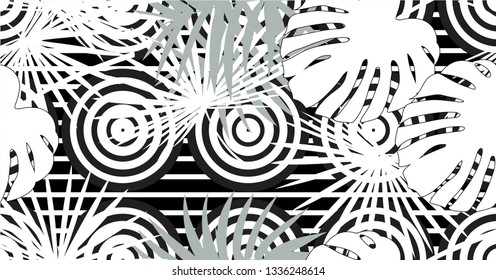 Tropical seamless vector floral pattern with palm leaves, jungle leaf. Tropic monochrome background, black and white illustration.