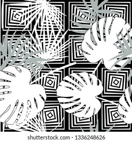 Tropical seamless vector floral pattern with palm leaves, jungle leaf. Tropic monochrome background, black and white illustration.
