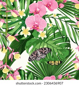 Tropical seamless vector floral pattern, spring summer background with pink orchid flowers, palm leaves, jungle leaf, butterfly. Exotic wallpaper, Hawaiian style