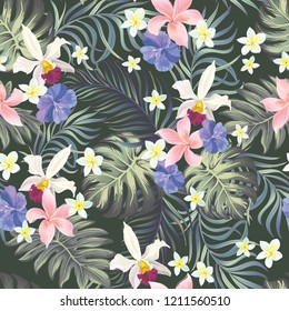 	
Tropical seamless vector flowers and leaves on the black background. Vintage illustration for print design.