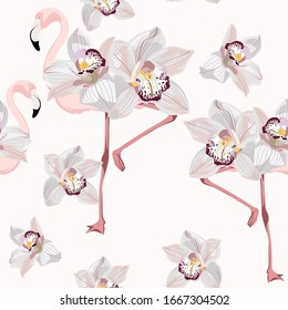 Tropical seamless vector pattern background with exotic orchid flowers, bird of paradise flamingo. Vintage botanical illustration.