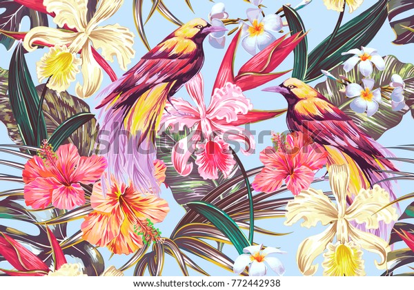 Tropical seamless vector pattern background with exotic flowers, palm leaves, jungle leaf, hibiscus, orchid flower, bird of paradise. Vintage vector botanical illustration