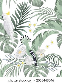 Tropical seamless vector pattern with birds, flower and palm leaves. Tropic summer print.