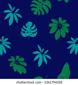 Tropical seamless vector pattern with blue leaves.