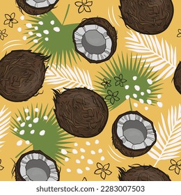 Tropical seamless vector pattern of coconut fruit on a yellow background with exotic leaves and dots. Fruit design for label, fabric, packaging, wallpaper, etc.