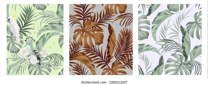 Tropical seamless vector pattern collection with bird, leaves and flower. Set of tropic botanical illustration.Green foliage and palm leaves. Wildlife nature.