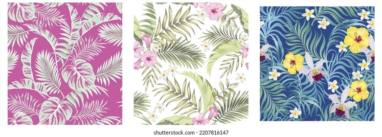 Tropical seamless vector pattern collection with palm leaves and flower. Set of tropic botanical illustration.Green foliage and palm leaves. Wildlife nature.