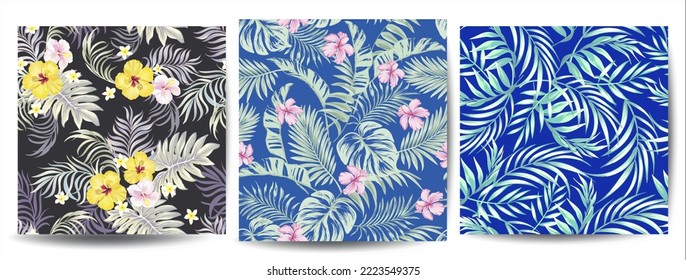 Tropical seamless vector pattern collection with palm leaves and flowers. Set of tropic botanical illustration. Green foliage and exotic plants. Wildlife nature.