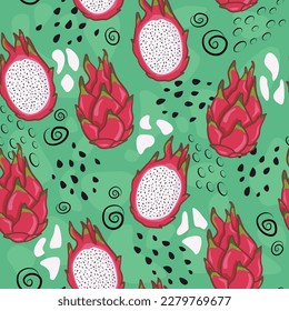 Tropical seamless vector pattern of dragon fruit on a green background. Perfect for wallpaper, food wrapping paper, fabric, background etc.