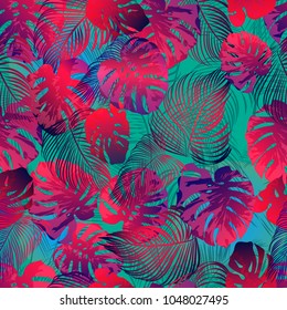Tropical seamless vector pattern in fashion, trend color palette. Hand-drawn fantastic multicolor leaves a black background