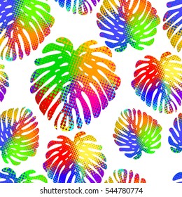 Tropical seamless vector pattern in fashion, trend color palette. Hand-drawn fantastic multicolor leaves a white background