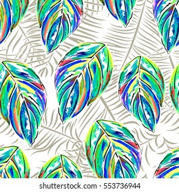 Tropical seamless vector pattern in fashion, trend color palette. Hand-drawn fantastic multicolor leaves.
