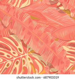 Tropical seamless vector pattern in fashion, trend color palette. Hand-drawn leaves