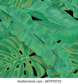 Tropical seamless vector pattern in fashion, trend color palette. Hand-drawn leaves