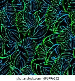 Tropical seamless vector pattern in fashion, trend color palette. Hand-drawn fantastic multicolor leaves a black background