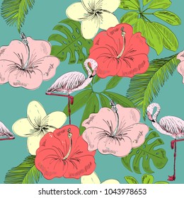 Tropical seamless vector pattern with flamingo and flowers.