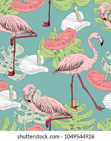 Tropical seamless vector pattern with flamingo and flowers.