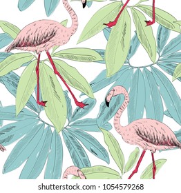 Tropical seamless vector pattern with flamingo and leaves.
