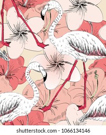Tropical seamless vector pattern with flamingo and flowers.