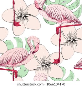 Tropical seamless vector pattern with flamingo and flowers.