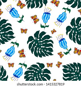 tropical seamless vector pattern, tropical flowers and palm leaves