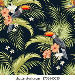 Tropical seamless vector pattern with flowers, palm leaves and birds.Exotic Toucan snd hibiscus flowera. Jungle illustration .