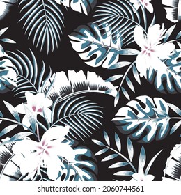 Tropical seamless vector pattern with flowers, palm and banana leaves. Tropical night vintage pattern. Jungle illustration