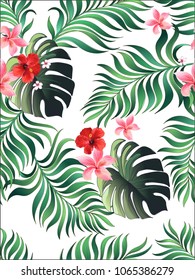 Tropical seamless vector pattern with jungle leaves and exotic flowers. Summer background for print design.