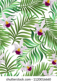 Tropical seamless vector pattern with jungle flowers and palm leaves. Summer print with hibiscus, orchid and lily.