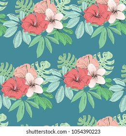 Tropical seamless vector pattern with leaves and flowers.