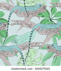 Tropical seamless vector pattern with lizard and leaves.