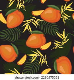 Tropical seamless vector pattern of mango fruit on a black background with exotic leaves. Perfect for wallpaper, food wrapping paper, fabric, background etc.