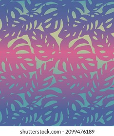  Tropical Seamless vector pattern with Monstera leaves. Fashion jungle print for design. jungle leaves in psychedelic style, neon colorful gradient tropical pattern. Gradient sunset floral print.
