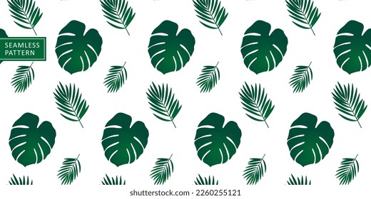 Tropical seamless vector pattern with monstera leaves and palm leaves on white background for textile, wrapping paper, covers and wallpapers