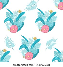 Tropical seamless vector pattern on a white background. Palm leaves and monstera with hibiscus flowers. Floral pattern trendy