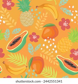 Patrón de vector sin costuras tropical sobre un fondo naranja con hojas y frutas exóticas. Perfecto para papel pintado, papel de embalaje de alimentos, tela, fondo, etc.