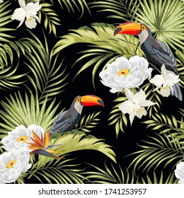 Tropical seamless vector pattern with palm leaves, exotic flowers and birds. Summer botanical pattern.