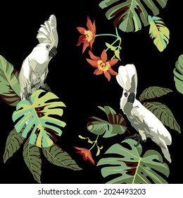 Patrón vectorial tropical sin costuras con hojas de palma, flores exóticas y pájaros. Patrón botánico de verano.