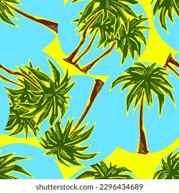 Tropical seamless vector pattern with palm leaves and tree. Holiday vocation theme for fabric print, textile design, fashion party invitation, luxury life style. Hand drawn cartoon line illustration.