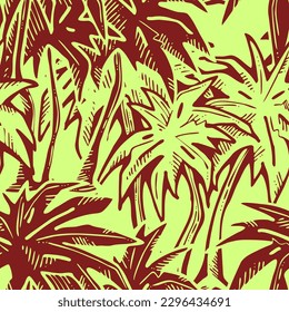 Tropical seamless vector pattern with palm leaves and tree. Holiday vocation theme for fabric print, textile design, fashion party invitation, luxury life style. Hand drawn cartoon line illustration.
