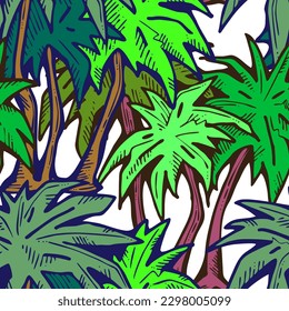 Tropical seamless vector pattern with palm leaves and tree. Holiday vocation theme for fabric print, textile design, fashion party invitation, luxury life style. Hand drawn cartoon line illustration.